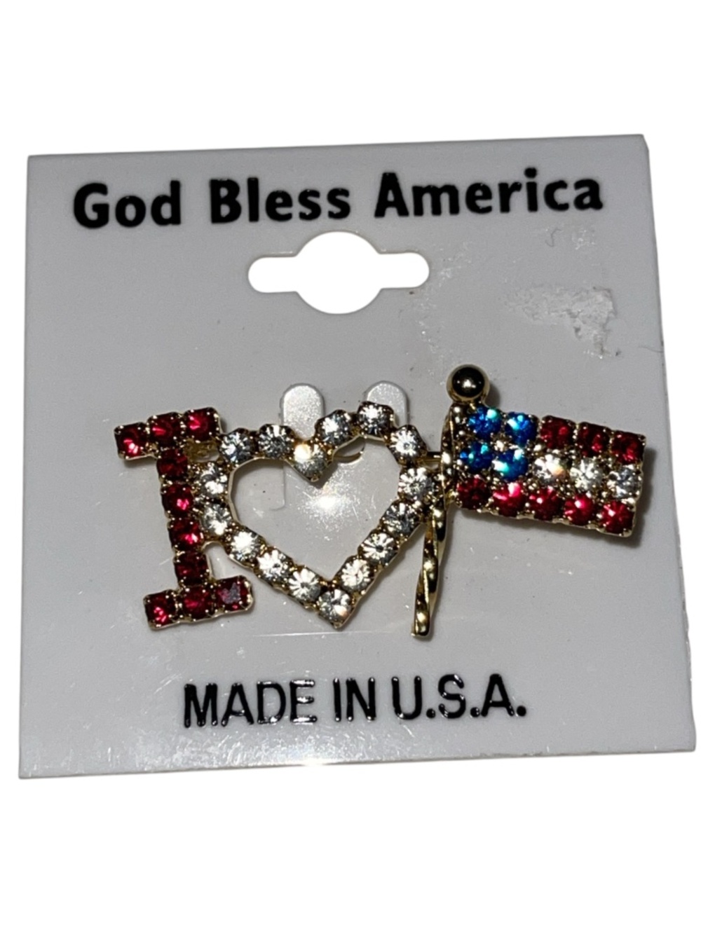 Vintage I Heart USA American Flag Rhinestone Brooch Pin Goldtone Bling America